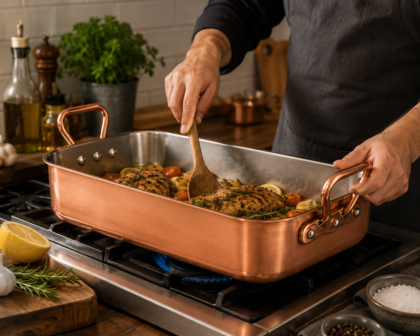 Handcrafted Copper Rectangular Roasting Pan with Tin-Lined Interior