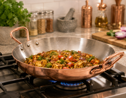 Handcrafted Copper Kadhai with Tin-Lined Interior & Brass Handles