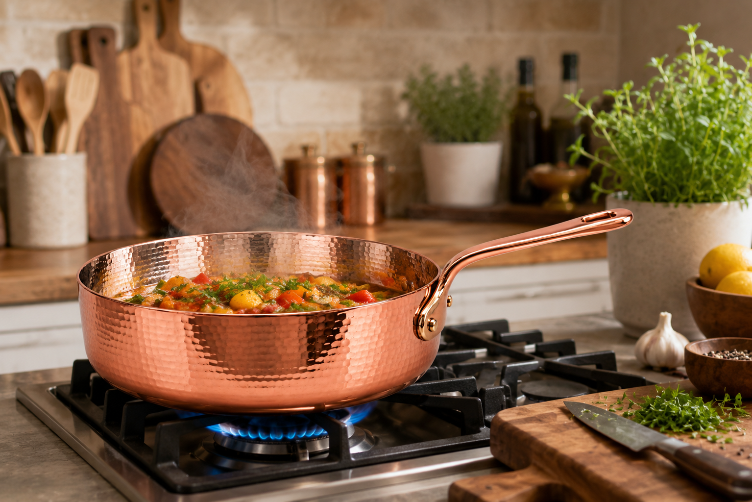 Hand Hammered Copper Sauté Pan with Long Handle