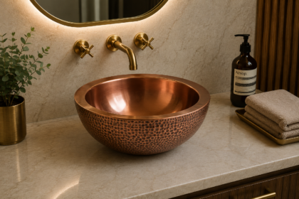 Copper Double Bowl Counter Washbasin – Hammered Finish
